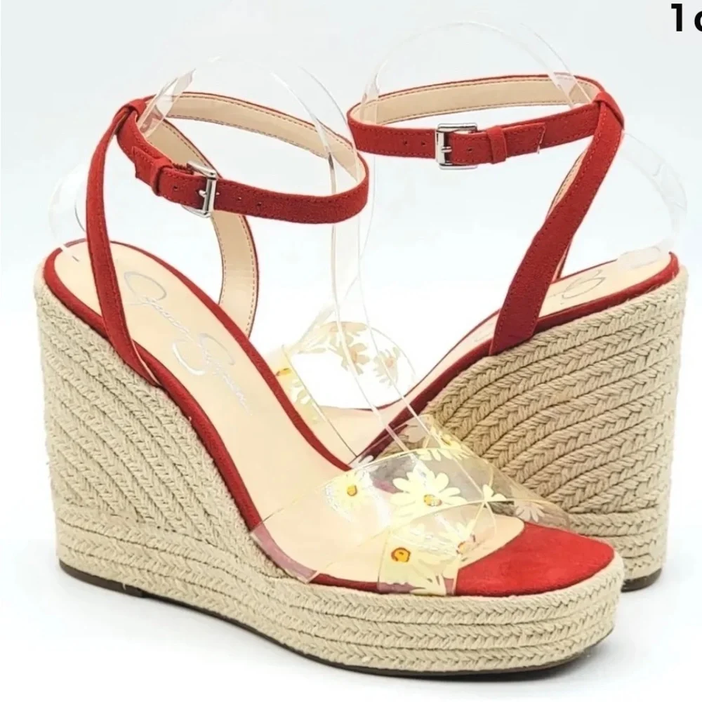 Jessica Simpson Semie Floral Jelly‎ Strap Espadrille Wedge Sandal Womens 7M Red